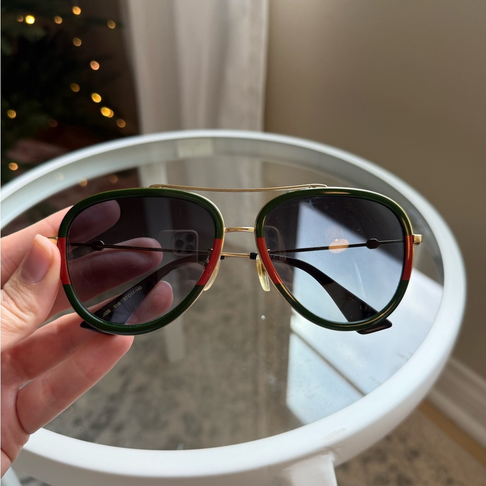 Gucci Aviator Sunglasses with Signature Web Stripe & Gold Frame - Picture 3 of 8